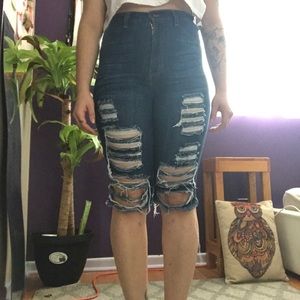 Distressed High-Waisted Bermuda Shorts